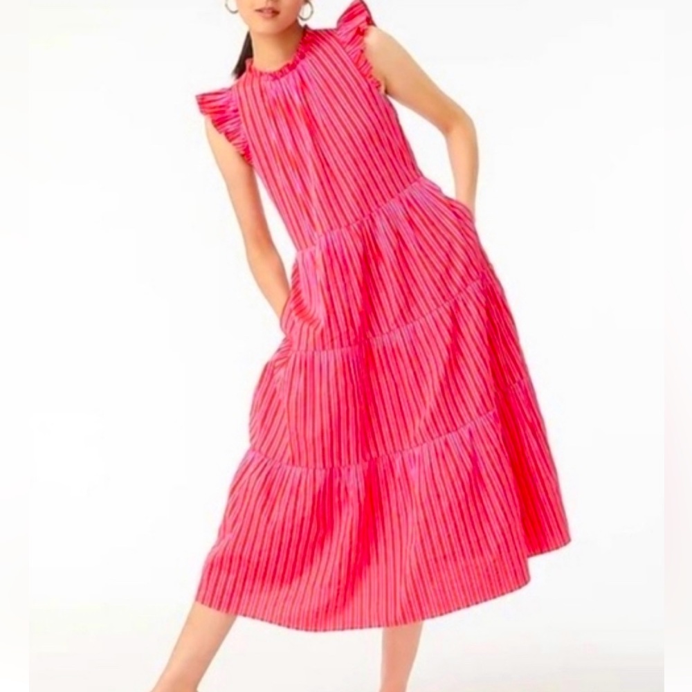 J. Crew Tiered cotton dobby dress in cape stripe in red size small